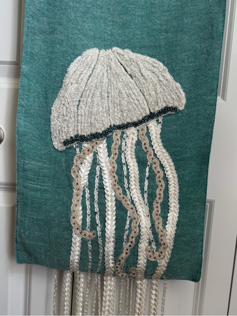 Pier 1 Teal and Cream Beaded Jellyfish Table Runner